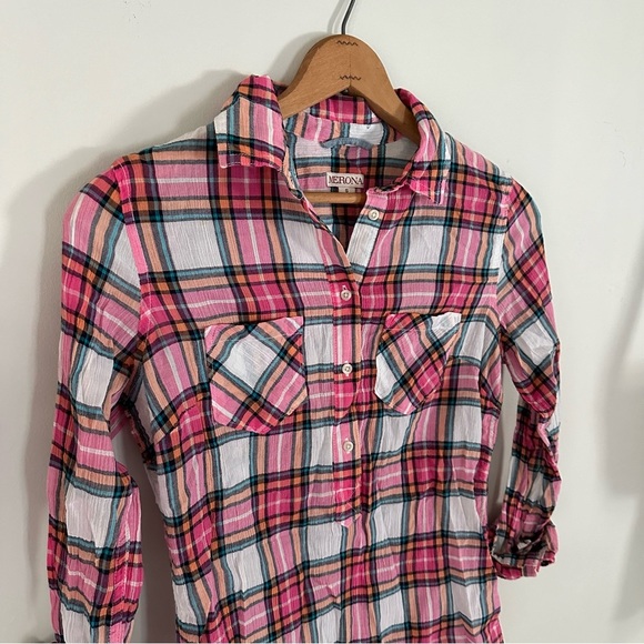 MERONA Crinkle Plaid Half Button Down Top - Picture 2 of 8